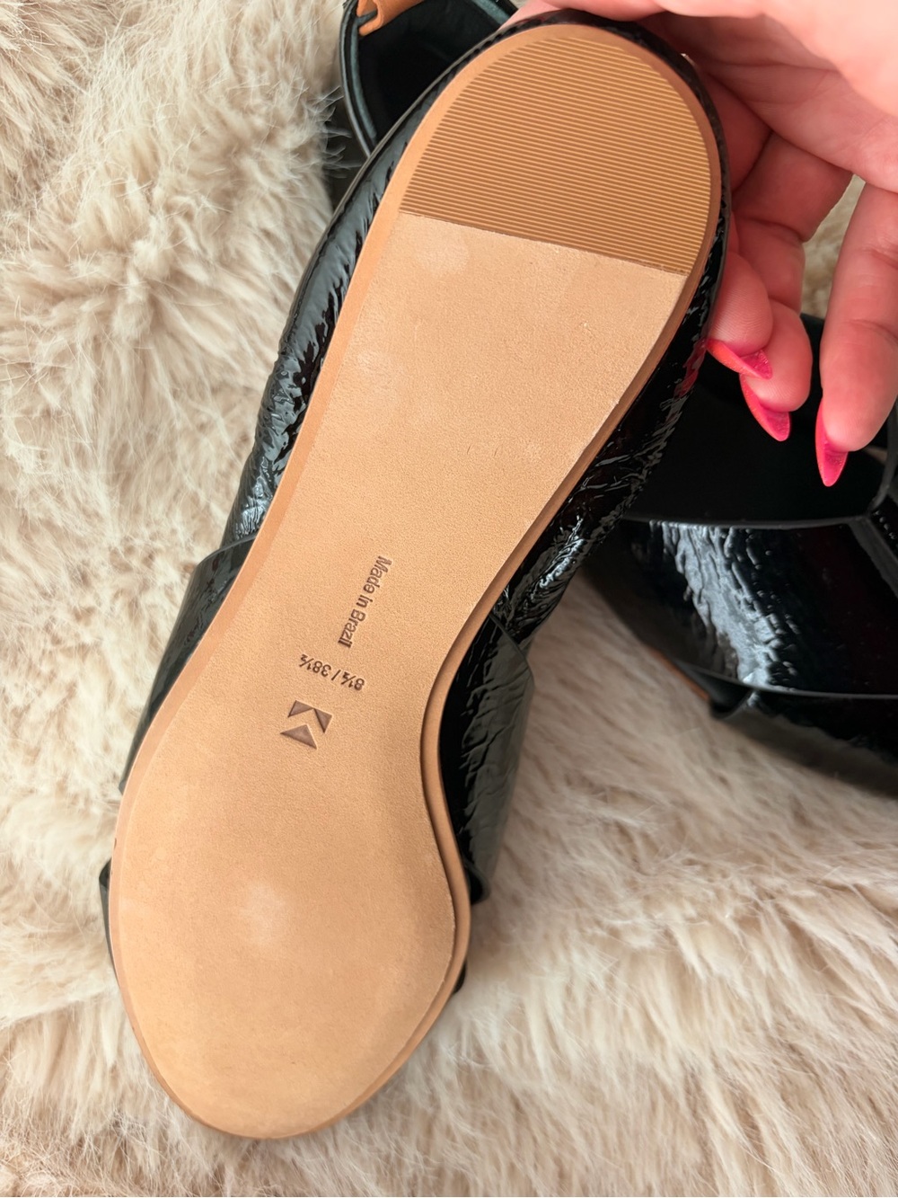 MERCEDES CASTILLO Black Patent Crisscross Peep-Toe Mules with Tan Heel Tab - Picture 4 of 9